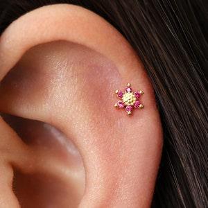 Ruby Sunflower Cartilage Stud ? flat back labret ? helix earring ? 16G/18G/20G ? elevado jewelry