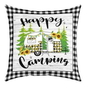 Happy Camping Sofa Pillow Cover, Sunflower Trailer Cushion Cover for RV Decor, Wooden Board Retro Plaid Pillow Case Cover, Handmade