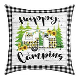 Happy Camping Sofa Pillow Cover, Sunflower Trailer Cushion Cover for RV Decor, Wooden Board Retro Plaid Pillow Case Cover, Handmade