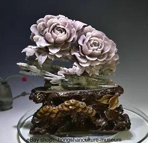 12.4 " 100% Natural Pink Xiu Jade Carved Fengshui Peony Flower Wealth Statue