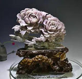 12.4 " 100% Natural Pink Xiu Jade Carved Fengshui Peony Flower Wealth Statue