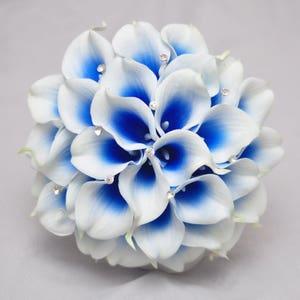 Wedding Bouquet Royal Blue White Picasso Calla Lily Bridal Bouquet bridesmaid bouquet Groom Groomsman Boutounniere Silver bouquet
