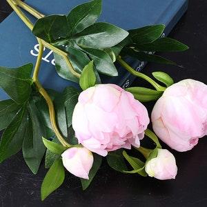Artificial Peony Stem with Buds and Leaves, Fake Paeony Spray, Home Floral Decor,  for Bridal Bouquet, Wedding Party Arrangement Centerpiece