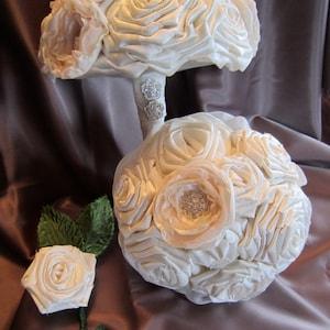 Wedding Bouquet - Satin Ivory/Voile Fabric Flower Bouquet - Bridal Wedding Bouquet  fabric flower bouquet