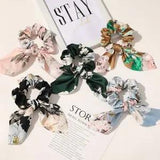 Women Peony Flower Elastic Bow Rabbit Ear Hair Rope Scrunchies Ponytail Holder