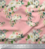 Soimoi Pink Cotton Poplin Fabric Leaves & Ranunculus Floral Fabric-zil