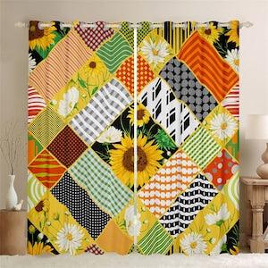 Yellow Sunflower Handmade Window Drapes, Rustic Daisy Floral Groovy Botanical Plants Window Curtains, Geometric Grid Polka Dots Curtain Set