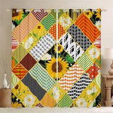 Yellow Sunflower Handmade Window Drapes, Rustic Daisy Floral Groovy Botanical Plants Window Curtains, Geometric Grid Polka Dots Curtain Set