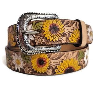 Leather Belt for girls, sunflower, Handmade, Children Belt