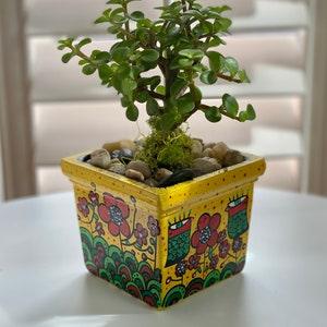 Yellow Plant Pot. Birds Planter. Abstract Pot. "Dia de Primavera"