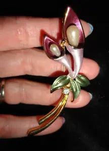 Vintage Purple & Pink Calla Lily Flower Pin Brooch Enamel Rhinestone Pearl