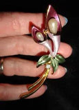 Vintage Purple & Pink Calla Lily Flower Pin Brooch Enamel Rhinestone Pearl