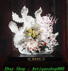 17" China Dehua Color Porcelain Phoenix Phonix Peony Flower Plum blossom Statue