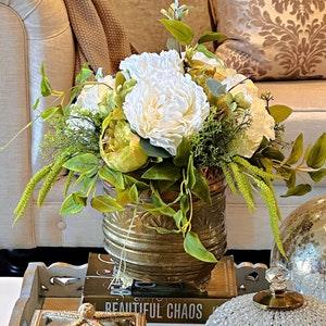 White Peonies in vintage vase, *One Of A Kind* Faux silk flowers centerpiece, green hydrangea, real touch artificial floral arrangement