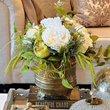 White Peonies in vintage vase, *One Of A Kind* Faux silk flowers centerpiece, green hydrangea, real touch artificial floral arrangement