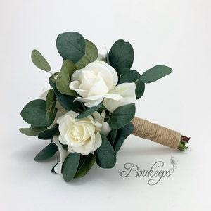 CHOOSE RIBBON COLOR - White Rose, Ivory Real Touch Rose, Eucalyptus, Greenery, Bridal Bouquet, Wedding Bouquet