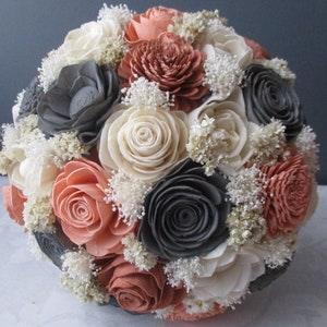 Peachy Pink Blush, Rose Gold, and Silver Grey Wood Flower Wedding Bouquet
