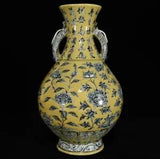 13" Old China Porcelain ming dynasty hongwu Yellow Blue white peony flower Vase