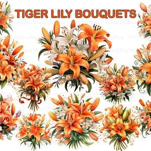 12 Tiger Lily Bouquet Clipart, Watercolor Tiger Lily Flowers, Orange Flowers Clipart, Journaling Flower Borders, Printable Flowers Wall Art