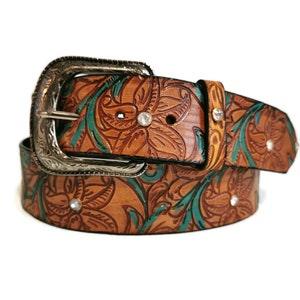 LEATHER BELT for WOMEN, Handmade, Western, Boho , With Removable Buckle, Brown , Rodeo, Embossed, Bohemian, Gift for Her