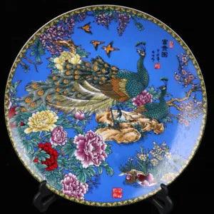 Chinese Qing Dynasty Porcelain Peacock Peony Flowers Ornamental Plate ??26cm