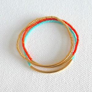 Set of 3 Gold bar bracelet turquoise bracelet, stacking,minimalist bracelet,seed bead bracelet,noodle orange bracelet summer beach wedding