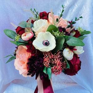 Burgundy bridal bouquet, Dusty pink bouquet, Peony bridesmaids bouquet, Faux Flower
