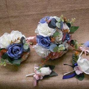Wedding Silk Flower Bridal Bouquets Package Ivory Pink Blush Dusty Blue Mauve Gold Dusty Rose Bridesmaid Boutonnieres Corsages New