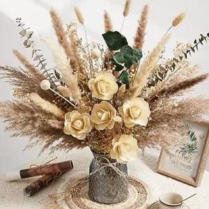 Natural Dried Pampas Grass Mix Bouquet,Boho 17inch Blooming Beige With Flowers