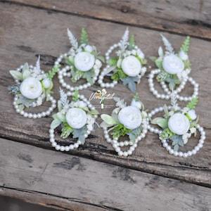 Wrist Corsage Mother??s Corsage Botanical Pearl Corsage white rose lotus Rose Rustic Wedding Corsage