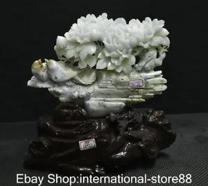 13.6" Chinese Natural Xiu Green Jade Carving Peony Flower Bird Wood Base Statue