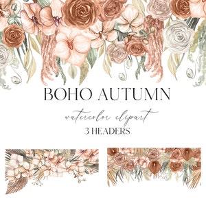 Headers Boho Autumn Watercolor Flowers. Rust  Beige fall FLOWERS. Orchid Flowers Dry Palm Leaves Watercolor clipart.