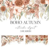 Headers Boho Autumn Watercolor Flowers. Rust  Beige fall FLOWERS. Orchid Flowers Dry Palm Leaves Watercolor clipart.