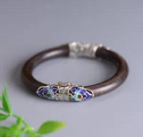 I05 Cloisonne Bangle To Open Sandalwood Silver 925 Peony Blue Bloom
