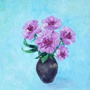 Pink peony flowers in vase, floral painting, flowers oil painting original