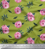 Soimoi Green Cotton Poplin Fabric Leaves & Ranunculus Floral Print-Ub1