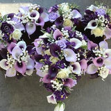 Fake Rustic Purple Wedding Bouquets, Real Touch Purple Ivory Roses, Calla Lilies, baby's Breath, Lavender Lilac Bridal Bouquets, Gold Pearls