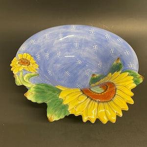 Vintage Fitz and Floyd blue sunflower bowl large salad dish with painted flowers Provence pattern