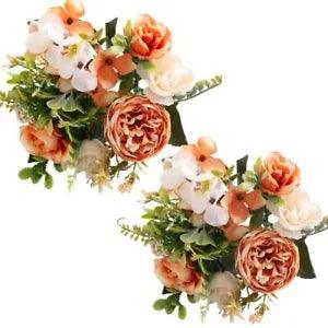 Artificial Flowers, 2Pcs Fake Peony Silk Hydrangea Flower Bouquet Fall Orange