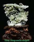 14.5"Old China Natural Xiu Jade Carved Fengshui Flower Bird Peony Statue