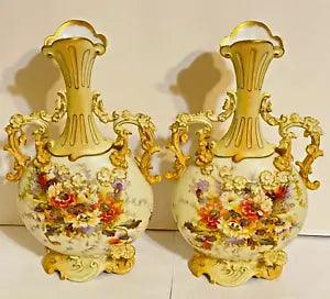 Pair 12 inch Rudolstadt Porcelain Carnation Flower Faience Vases Circa 1900.
