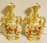 Pair 12 inch Rudolstadt Porcelain Carnation Flower Faience Vases Circa 1900.