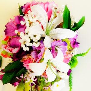 Beautifil, artificial, overhanging, wedding, bridal bouquet and corsage for groom made from peonies, roses and lily
