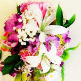 Beautifil, artificial, overhanging, wedding, bridal bouquet and corsage for groom made from peonies, roses and lily