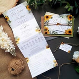 Sunflower Wedding Invitation Set - Concertina Trifold Luxury Wedding Invites With Tags, Rustic Twine & Choice of Envelopes With Greenery