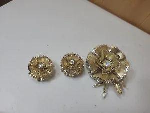 Vintage Carnation Flower Gold Tone & Rhinestone Brooch & Clip on Earrings Set