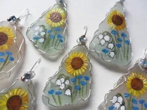 Sunflower Cornflower & lily of the valley handpainted wrapped sea glass necklace