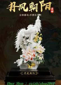 18" Chinese Dehua Color Porcelain Phoenix Phenix Peony Flower Art Sculpture