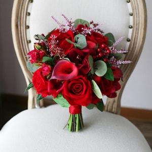 Burgundy Wedding Bridal Bouquet, Classic Wedding Bouquet, Rustic Boho Flower Bouquet,  Design in Rose,Peony, Silver Dollar Eucalyptus
