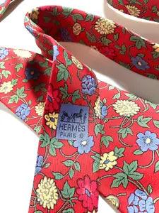 HERMES VINTAGE FLOWERS GARDEN TIE ROSE CAMELLIA CARNATION HIGH END FRANCE RED